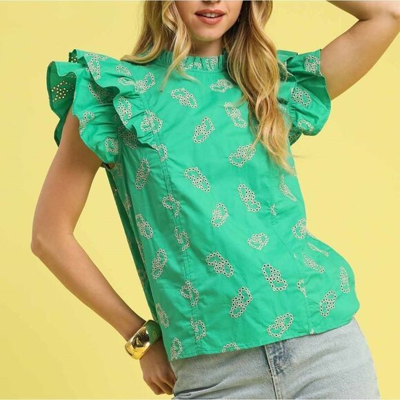 Umgee Eyelet Ruffle Cap Sleeve Blouse Green W Embroidered Hearts Size Small - Picture 1 of 4